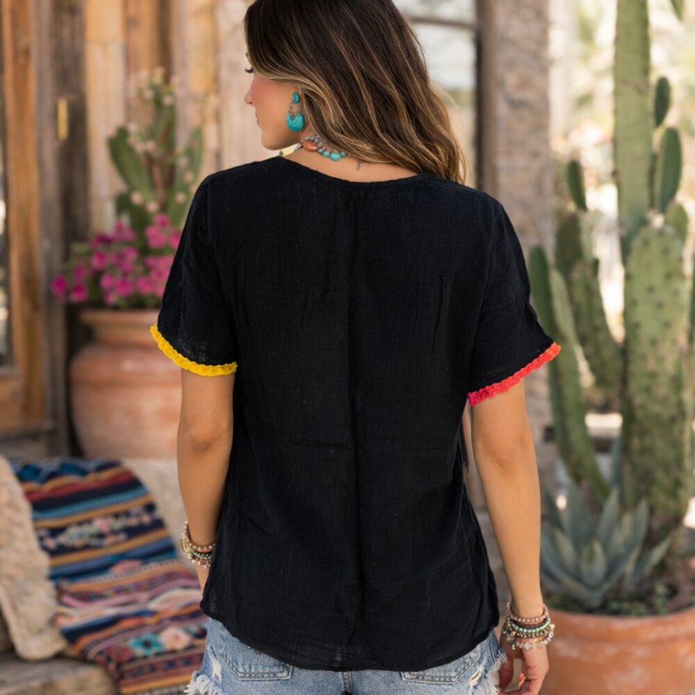 Boho Mexican Serape Stripe Bib Top Medium Entro Black Cotton Fringe Festival - Picture 11 of 15
